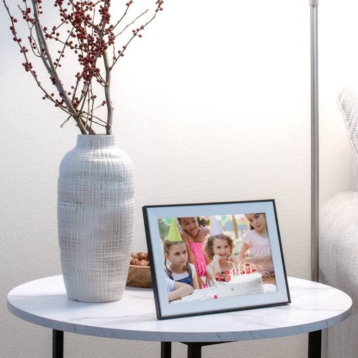 Aluratek 10.1-inch WiFi Digital Photo Frame Angle View on Table
