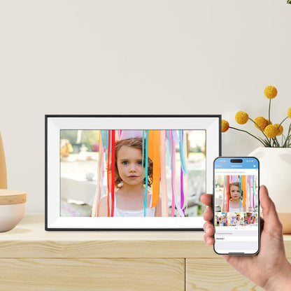 Aluratek 10.1-inch WiFi Digital Photo Frame on Desk with App