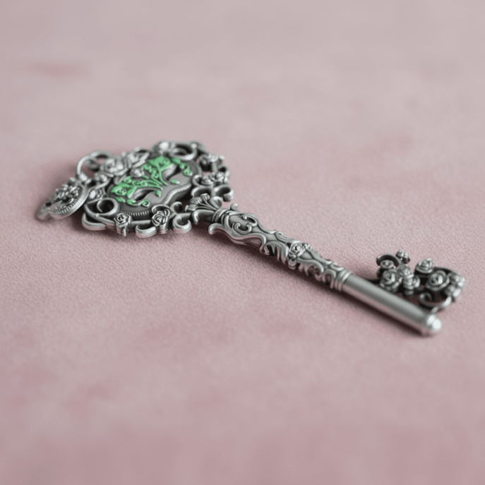Decorative silver key with intricate designs on a pink background