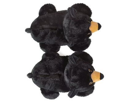Two black plush bears slippers with brown noses on a white background, seen from above