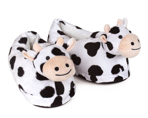 Pair of plush Holstein Cow Slippers on a white background
