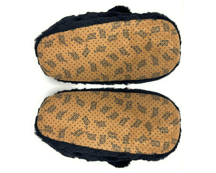 Pair of black bear slippers shown upside-down so that soles and non-slip grips are visible on a white background