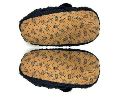 Pair of black bear slippers shown upside-down so that soles and non-slip grips are visible on a white background