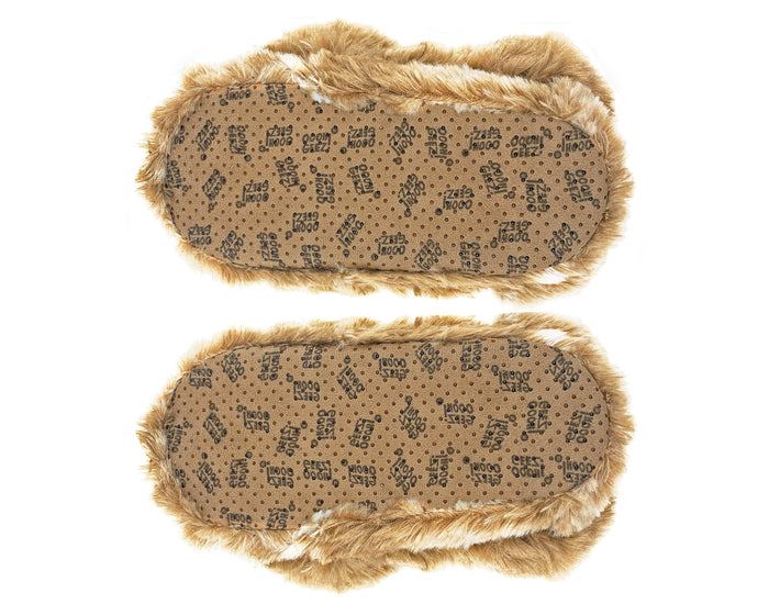 A pair of tan slipper soles with non-slip grips shown on a plain white background.
