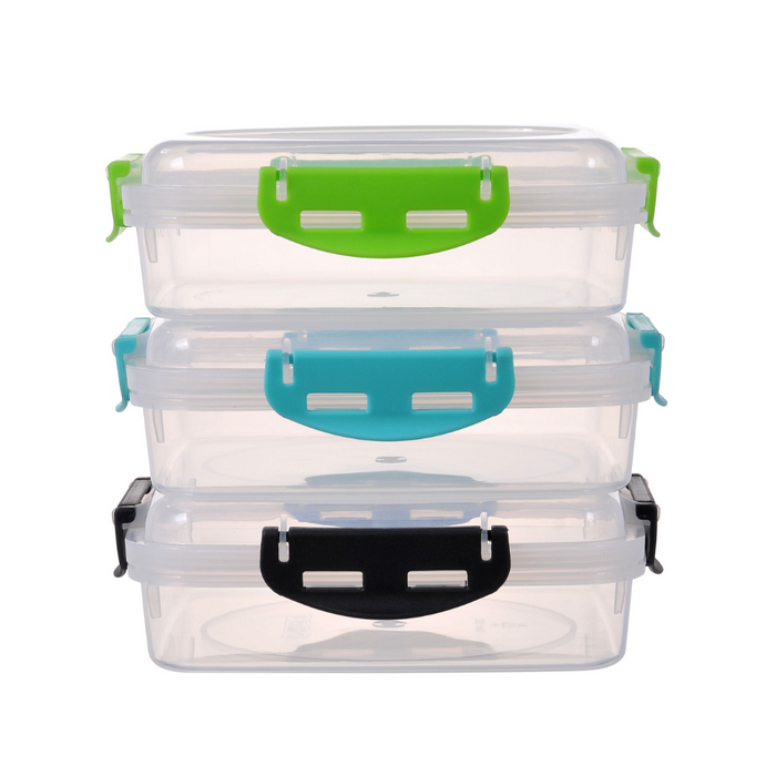 Stack of clear storage containers with colorful lids on a white background