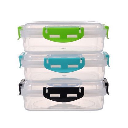 Stack of clear storage containers with colorful lids on a white background
