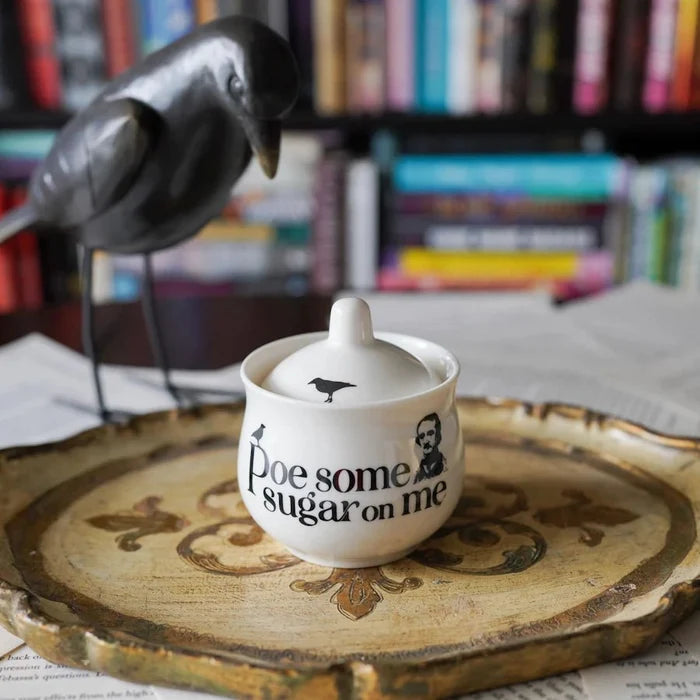 Edgar Allan Poe sugar bowl with pun design and ceramic lid