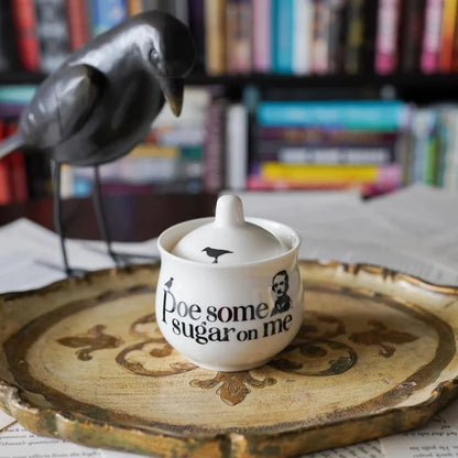 Edgar Allan Poe sugar bowl with pun design and ceramic lid