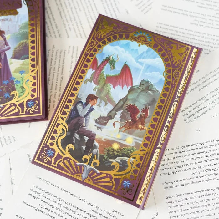 Back cover of book 'The Two Princesses of Bamarre' with fantasy scene of a boy and dragons