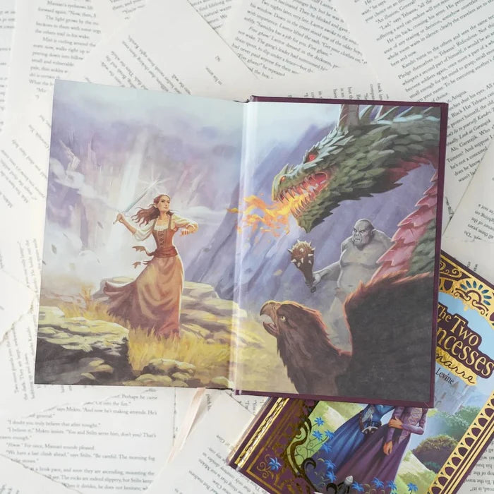 Back endpaper illustration spread for The Two Princess of Bamarre by Gail Garson Levine featuring a dragon, ogre, eagle, and warrior.